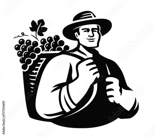 Farmer or vintner holding basket of grapes during the harvest. Vineyard, winemaking emblem. Vector illustration