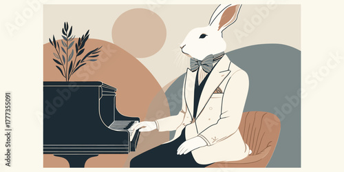 Anthropomorphic Rabbit Musician Elegantly Dressed in a Blazer Plays the Piano in a Stylized Setting