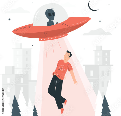 Alien Abducting a Man with a Spaceship Over a Cityscape abduction