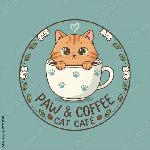 cute logo for a cat cafe, featuring a cat in a mug