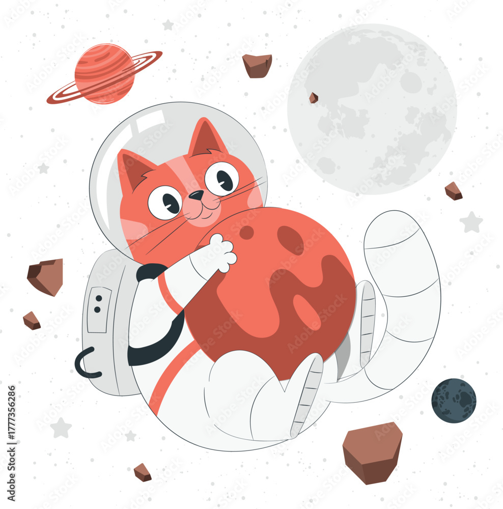 Fototapeta Astronaut Cat Holding Planet in Space vector