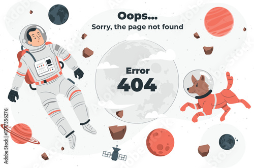 Astronaut and dog float in space with 404 error message page not found oops