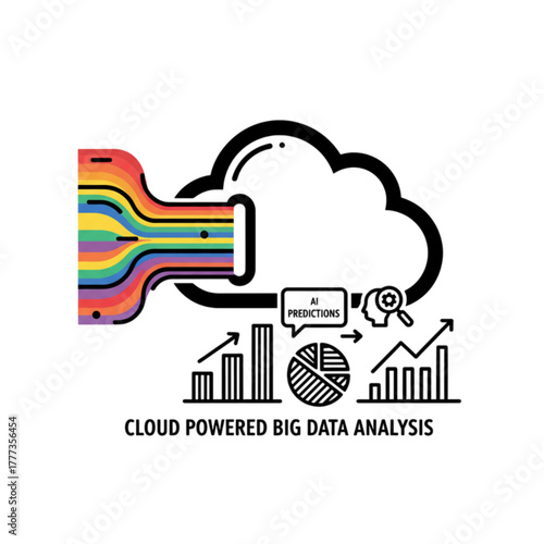 Cloud-Powered Big Data Analysis, AI Predictions, and Data Flow Vector Illustration
