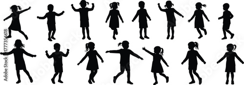 Silhouette of children dancing and playing in joyful poses, active kids illustration showing fun movement and happiness, vector art for design projects