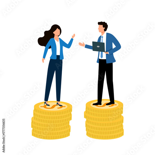 Office workers salary. Businessman and businesswoman standing on dollar coins stacks, financial well-being flat vector illustration. Economic revenue equality concept