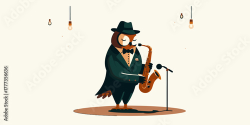 An owl in a tuxedo plays a saxophone on a stage with hanging lights, a whimsical jazz performance