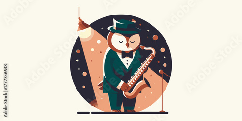 Charming Owl Musician Playing Saxophone in Spotlight, Digital Illustration