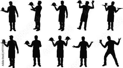 Silhouette of waiter serving food and drinks with tray, professional restaurant staff in various poses, hospitality service concept vector illustration