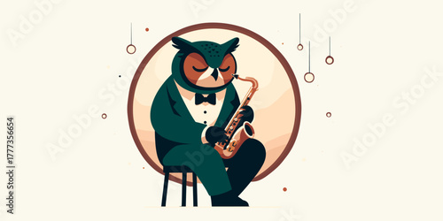 A stylish owl musician dressed in a dapper tuxedo, playing a soulful melody on a golden saxophone in a cool, jazzy illustration
