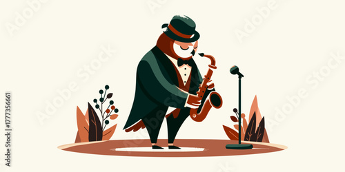 An elegant illustration of a dapper owl musician in a tuxedo and top hat playing a soulful jazz melody on a saxophone