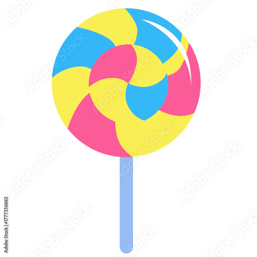 Colorful rainbow lollipop on stick, ideal for sweet, playful, or party-themed design, packaging, and decoration.
