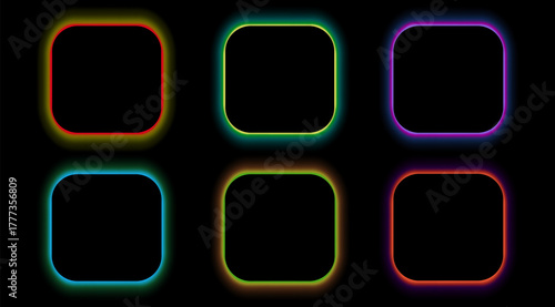 Square black frames with rounded corners and multi-colored LED panel. Neon glow effect. 3D vector on a black background.