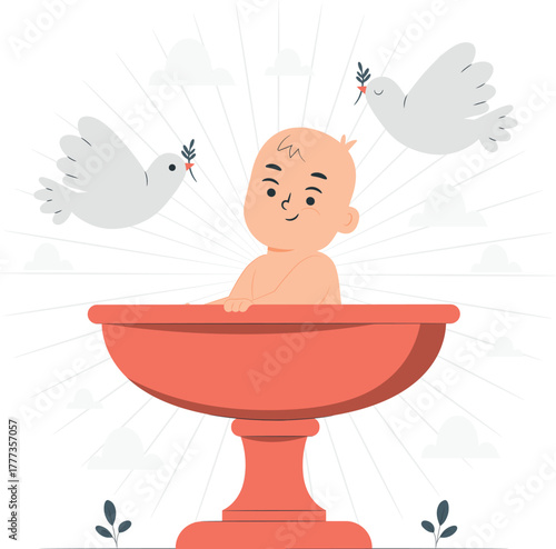 Baby in Font with Two Doves Holding Olive Branches baptism christening