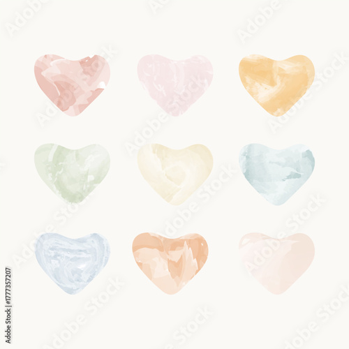Minimalist set of nine pastel watercolor hearts in soft tones. Aesthetic abstract shapes perfect for Valentine’s Day designs, greeting cards, packaging, posters, digital art, and wedding invitations.