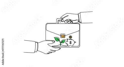 Hand giving eco-friendly briefcase with plants and coins, sustainable investment metaphor, green economy funding, ethical finance, business and environment synergy, CSR concept