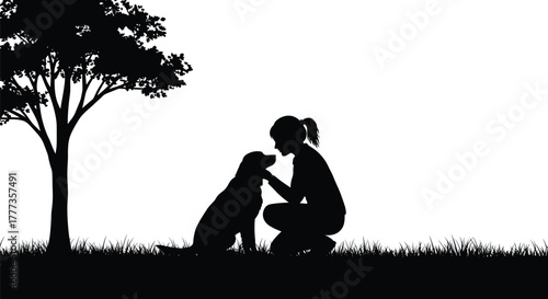 Silhouette of woman kneeling with dog under tree, outdoor pet love and friendship scene, black vector illustration for nature care and bond concept