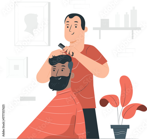 Barber cutting client's hair with comb and scissors Keywords: barber, haircut, hair, man, client