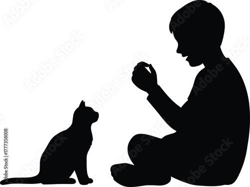 Silhouette of boy sitting with cat, pet training and friendship concept, child playing with kitten, black vector illustration for animal love and care