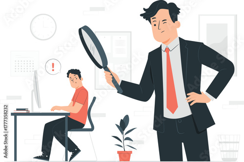 Boss Magnifying Employee Working on Computer with Clock and Calendar magnifying glass desk