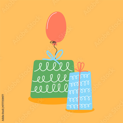 Happy Holiday Greeting Card Background. Party Doodle Decorative Element. Hand Drawn Funny Vibrant Childish Element. Gift Box for Birthday Party, Christmas Family Gift, New year or Wedding Greeting