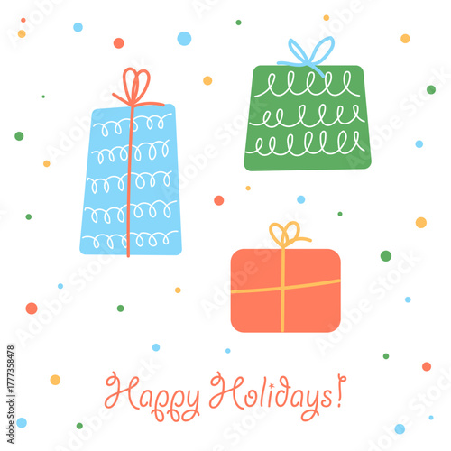 Happy Holiday Greeting Card Background. Party Doodle Decorative Element. Hand Drawn Funny Vibrant Childish Element. Gift Box for Birthday Party, Christmas Family Gift, New year or Wedding Greeting