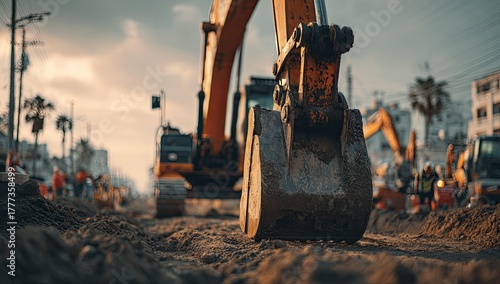 A close-up of a large construction vehicle and its shovel in a street, with a city background