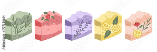 set of colorful handmade soap bars. variety of scents flowers, leaves, berries. Flat vector illustration. Perfect for cosmetics, spas, wellness, packaging design, eco-friendly product presentations
