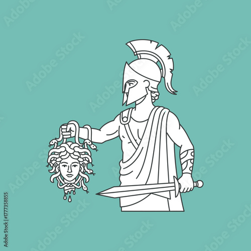 Warrior holds medusa head sword drawn greek mythology ancient history illustration