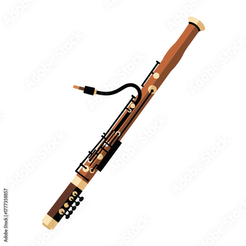Bassoon musical instrument with visible keys and a small cable attached.