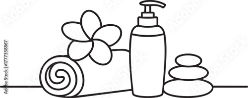 Continuous single line drawing of spa and wellness still life with massage stones, lotion bottle, rolled towel and frangipani flower, symbolizing relaxation and beauty care