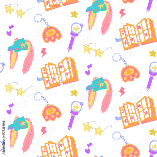Seamless pattern with K-pop items. Light stick, rabbit ears cap, glasses, keychain, card book. Korea's music industry. Colorful flat texture for souvenirs, backgrounds, textiles, packaging, designs.