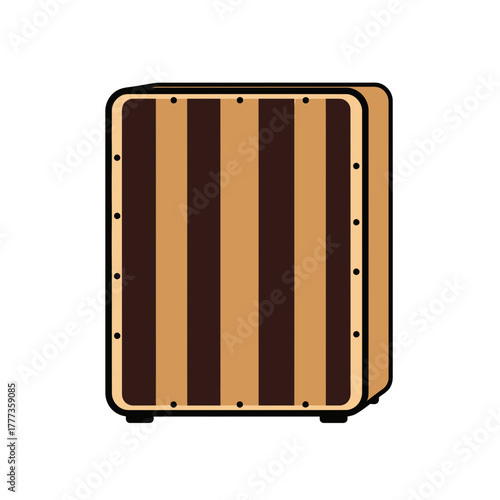 Brown and tan striped cajon drum musical instrument with small feet.