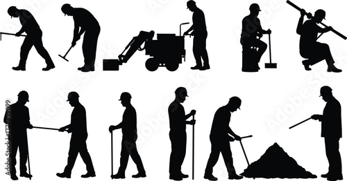 Construction workers silhouettes performing various industrial tasks, laborers using tools, digging, measuring, machinery operation, safety helmets, professional workforce vector illustration, 