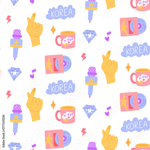 Seamless pattern with K-pop elements. Microphone, record, mug, heart, hand, diamond. Korean music industry. Colorful flat texture for souvenirs, backgrounds, textiles, packaging, and design.