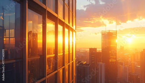 city sunset reflection skyscraper glass building facade golden light closeup modern architecture warm urban skyline evening tone