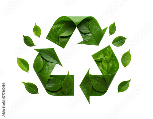 Green recycling symbol made out of leaves and elements of nature isolated on transparent background.