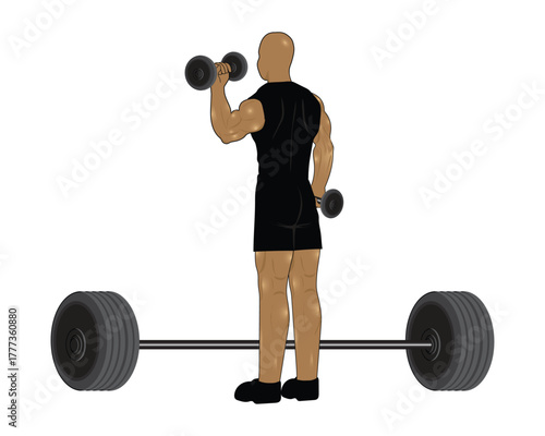 Vector design of a bald-headed man wearing black clothes doing weightlifting exercises using barbells and dumbbells