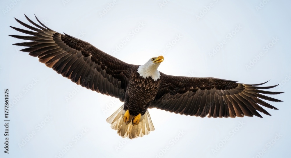 Naklejka premium Bald eagle soaring in a bright, partly cloudy sky, wings outstretched in graceful flight