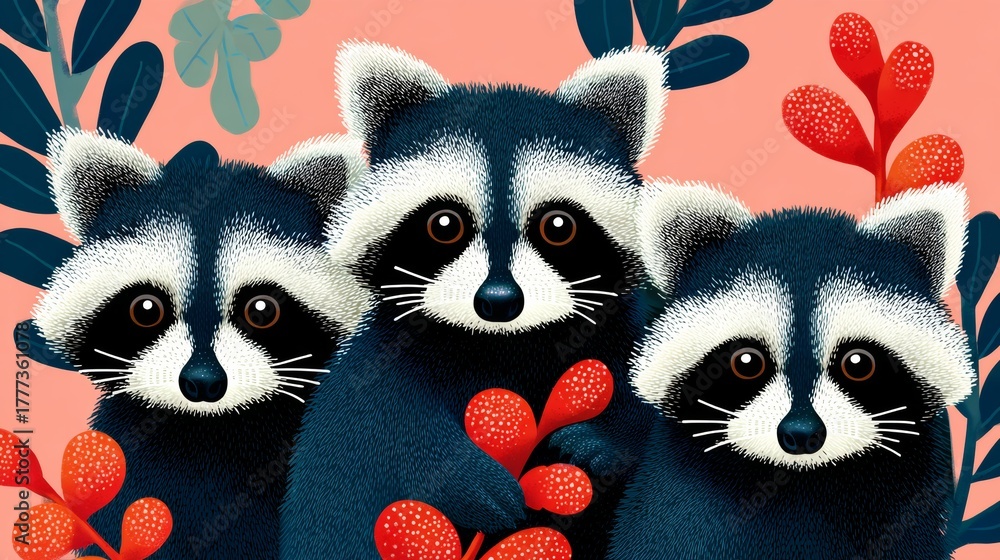 Obraz premium Three raccoons are sitting in a tree with red leaves. Scene is playful and lighthearted