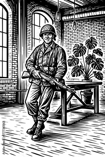Kneeling Soldier Line Art – Black and White Military Illustration in Canyon