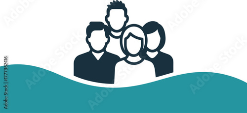 Silhouette group with central female figure and turquoise wave accent