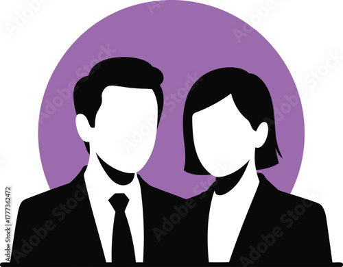 Professional man and woman silhouettes with purple circle background