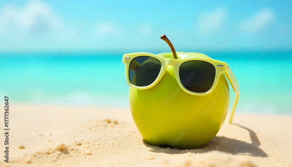 Obraz premium Fun summer concept of a green apple wearing sunglasses on the beach. Bright, creative, and eye-catching for lifestyle, health, and vacation themes.