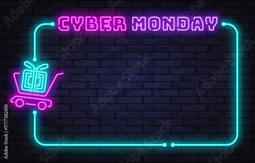 Glowing Neon Cyber Monday frame with shopping cart and gift icon on a dark brick wall, ideal for ads or website banners. Vector illustration