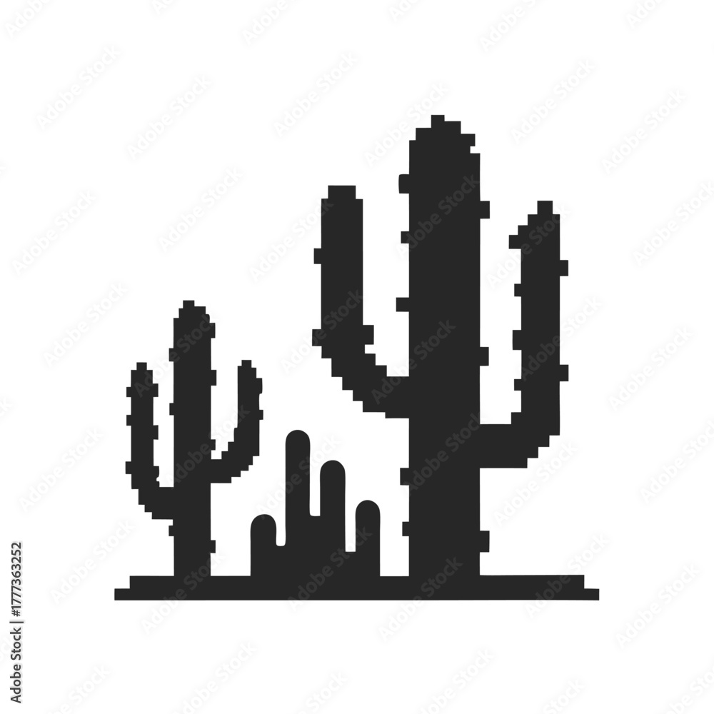 Obraz premium Pixel Art Silhouette of Cactus Plants Grouped on White Background, Retro Style