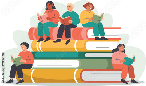 Diverse Students Reading on Giant Stack of Books Vector - Education, Learning, and Knowledge Concept Illustration