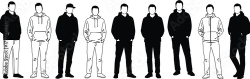 Group of people silhouette illustration, casual hoodie fashion design, black and white artwork, urban streetwear style, modern character collection