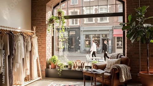 Boutique clothing store interior with exposed brick walls a wooden garment rack and a cozy armchair overlooking a bustling city street scene through a large arched window