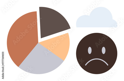 Pie chart segments highlight data, paired with sad face and cloud visualizing adversity, failure, or dissatisfaction. Ideal for business, analysis, problem-solving, emotions, feedback forecasting