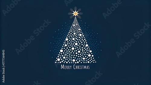 A festive christmas tree made of white dots on a dark blue background with a golden star and merry christmas text, creating a holiday card design